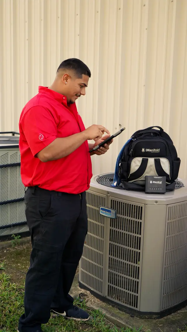 Crossway technician in a red uniform reading a tablet beside an outdoor condenser, iManifold kit on top of the unit